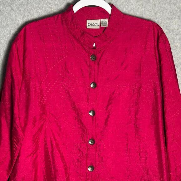 Chicos Sz 2 Medium 100% Silk Dark Pink Embroidered Jacket Mandarin Collar India - Picture 7 of 11